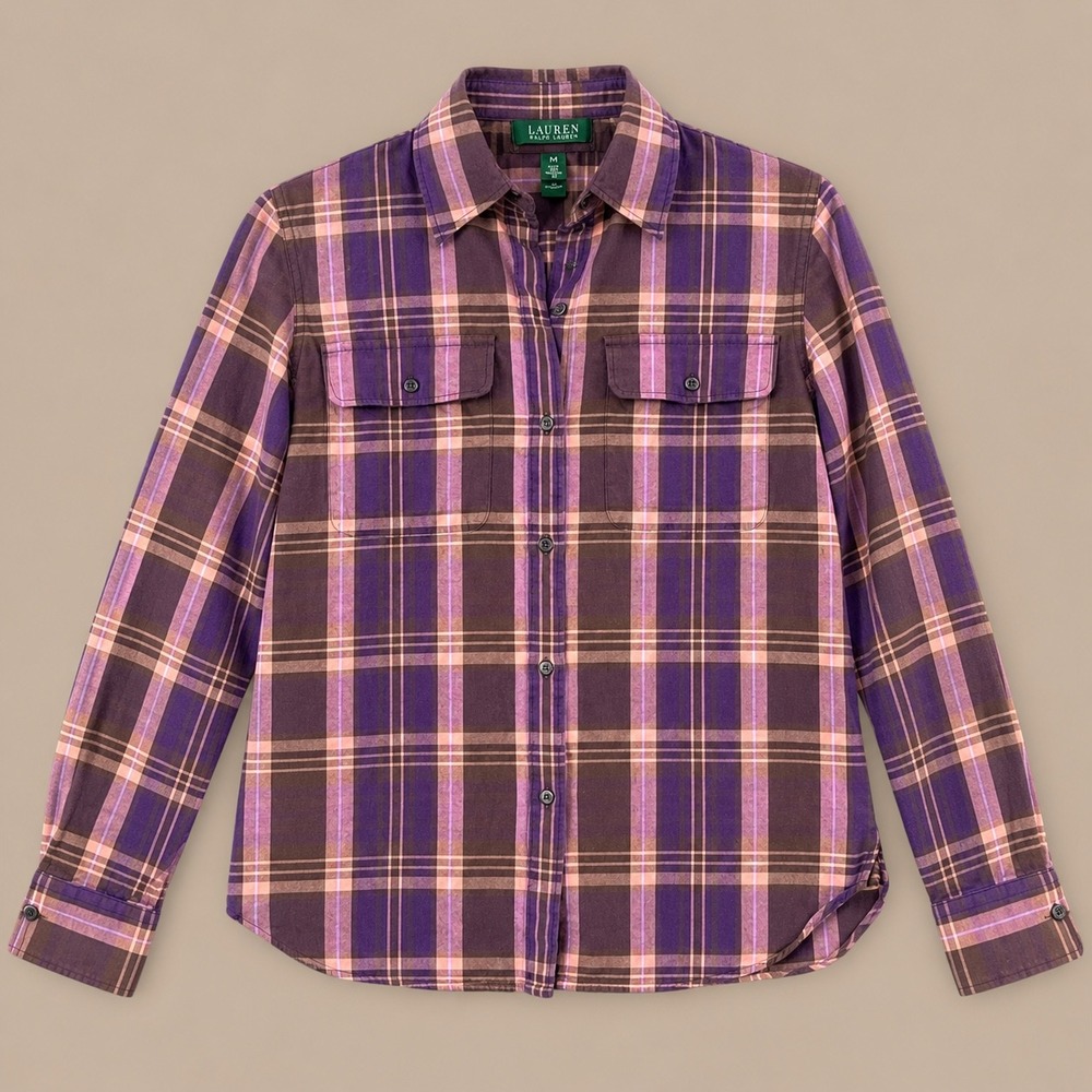 Lauren Ralph Lauren Petite Plaid Flannel Button Down Shirt Purple Brown PM